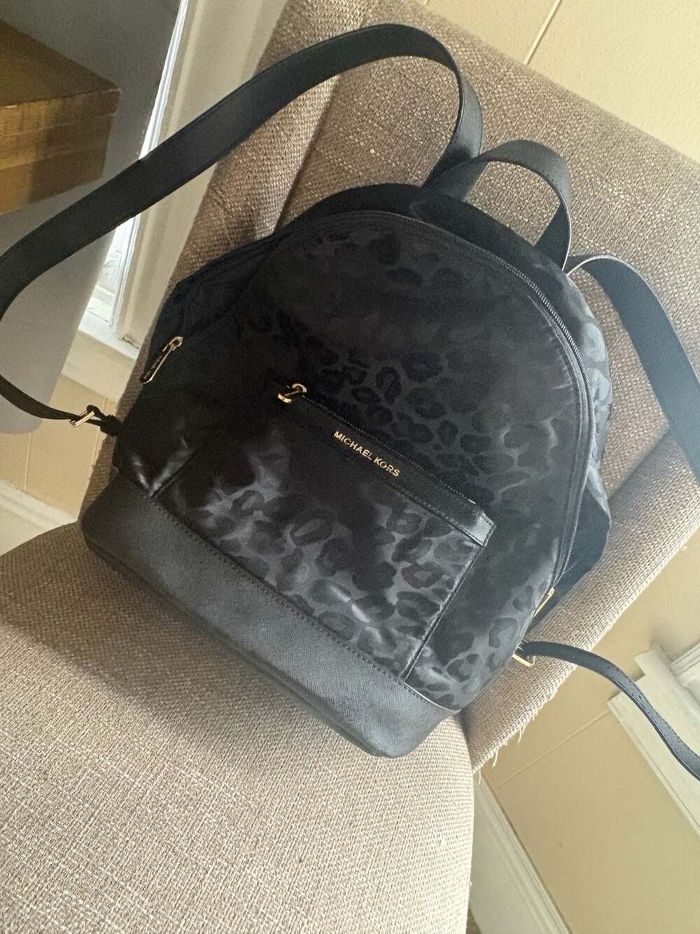 Michael Kors Black Cheetah Leopard Print Nylon and Saffiano Leather Backpack